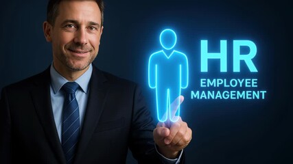 Human Resource: A confident professional in a tailored suit interacts with a glowing HR icon. This image signifies employee management and signifies human resources.