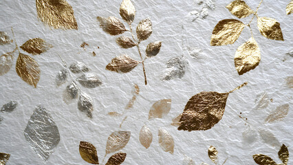Background of gold and silver leaves on a background, abstract patterns of silver leaves, white satin wall with gold leaf patterns,