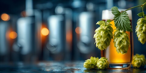 A refreshing glass of beer with hop cones rests in front of brewing tanks in a blurred and atmospheric brewery scene beautifully.
