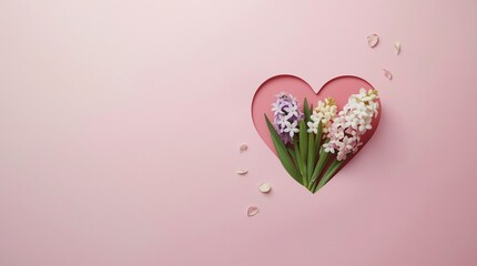 Floral Heart With Spring Flowers On Soft Pink Background, Minimal Romantic Flatlay Composition With Copy Space, Love And Valentine Concept, Elegant Botanical Design For Greeting And Celebration
