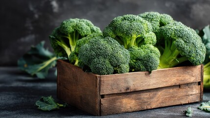 Broccoli is gathered in a wooden crate. The green vegetable is placed on a dark surface. This setup is ideal for meal preparation and cooking.