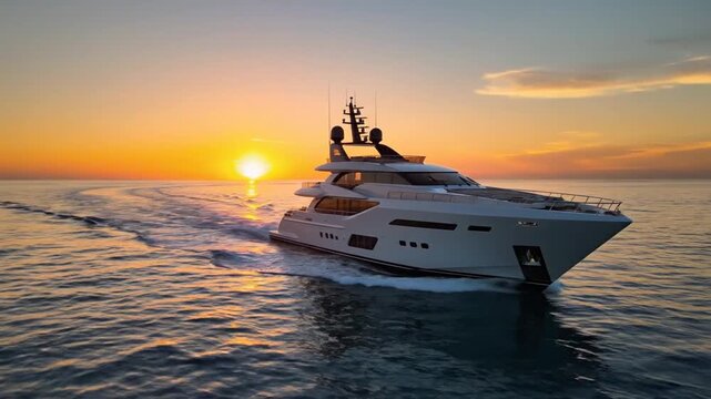 Luxury yacht cruising on open water at sunset with golden sunlight and clear skies nautical theme