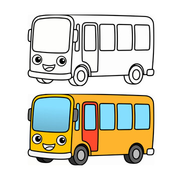 Cute cartoon bus coloring page and colored version for kids