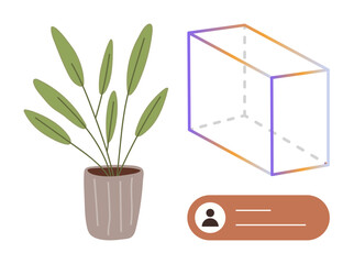 Potted leafy plant, minimalistic cube outline, and user profile tag. Ideal for nature, design, geometry, organization, creativity user interface modern aesthetics themes. Simple flat metaphor © robu_s
