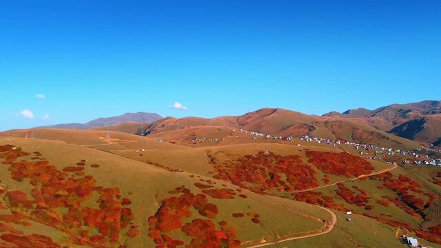 Bright colorful vegetation growing on the slopes of the Caucasian Mountains. Beautiful village scattered on the rocks. Georgia aerial view.