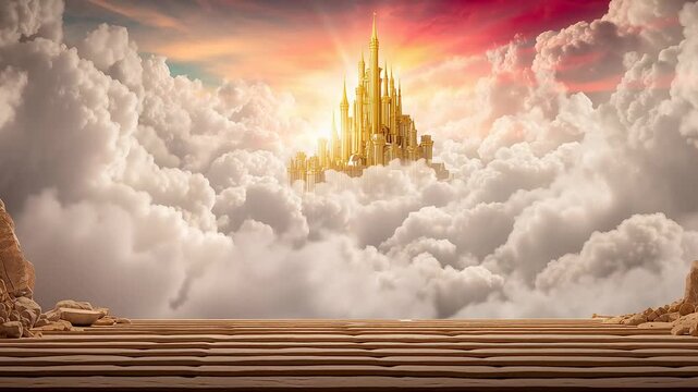 Golden castle in clouds representing heaven or paradise. Stairway leading to divine kingdom in sky at sunrise. Spirituality, faith and success animation