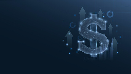 A futuristic digital dollar sign surrounded by upward arrows represents financial growth and successful investments in a modern economy.