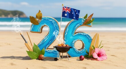 Celebrate Australia Day with iconic beach scenes, featuring the numbers twenty six as water, a barbecue grill with smoke, cricket equipment, a surfboard, and the Australian flag on a sunny day.