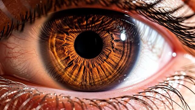 Close-up of a brown eye showcasing intricate iris details.