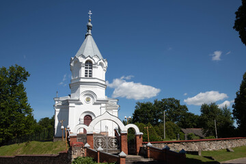 Orthodox white Church on blue sky background. Stock footage.