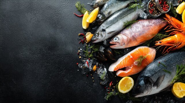 Various types of fresh seafood are neatly arranged on a dark surface. The display includes different fish shrimp lemon slices and herbs.