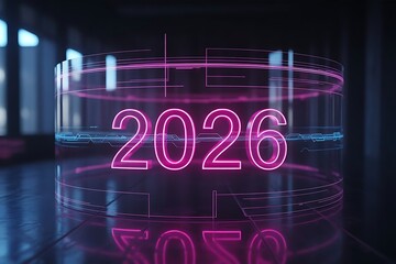 Futuristic neon glowing 2026 digits in tech circular interface with blue and pink light trails