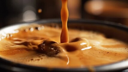 Pouring Rich Espresso A CloseUp of Dark Coffee Flowing into a Cup Showcasing the Aroma and Texture of Freshly Brewed Coffee Perfect for Coffee Lovers and Barista Enthusiasts.