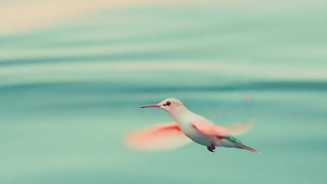 Colorful Hummingbird in Flight Against a Soft Aqua Background with Graceful Wing Movements