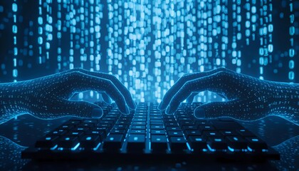 Cyber-age interaction concept: Hands typing on the keyboard against a digital information stream background. A scene of coding and data flow, representing the digital age