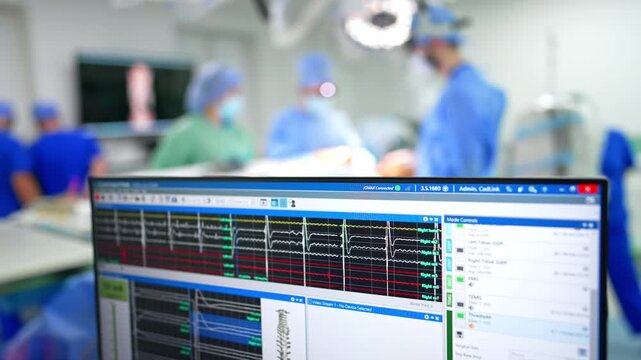 Upper part of the computer screen working during neurosurgery. Colorful lines run at the monitor. Close up. Medical team perfroms operation at blurred backdrop.