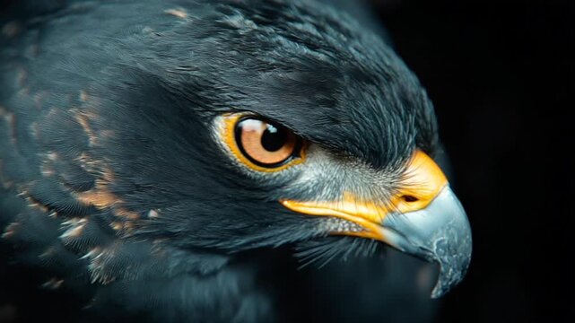 Intense Closeup Portrait of a Fierce Hawk with Sharp Eyes Against a Dark Background