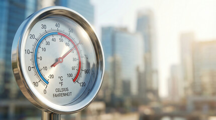 Thermometer gauge showing Celsius and Fahrenheit scales with city skyline