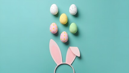 Easter bunny ears and colorful eggs against a turquoise background, representing Easter concepts.