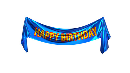 Metallic blue fabric banner with the text "Happy Birthday" - 3D rendering on a transparent background