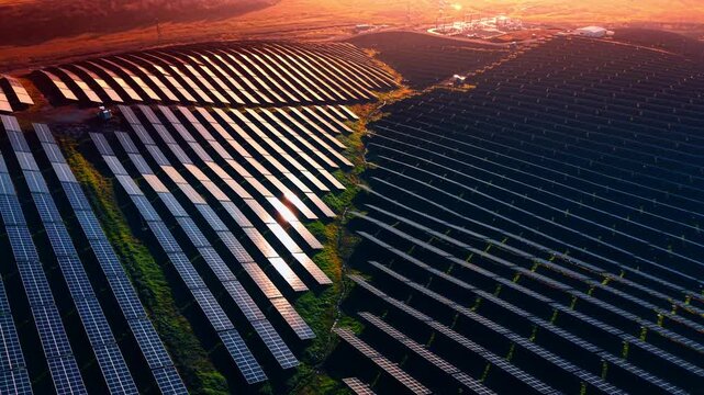 Fields of solar panels lit with setting sun. Renewable energy and natural resources concept. Aerial view.