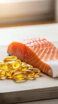 Fresh salmon fillet and omega capsules, natural food photography, healthy nutrition concept