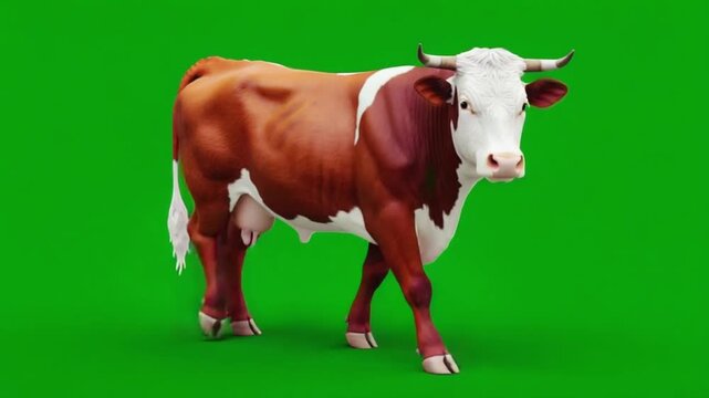 Brown and white cow standing on green background