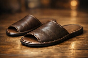 Brown Leather Slippers on Wooden Floor