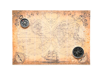 Fototapeta premium Modern compasses and vintage world map isolated on white background