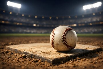 Baseball on Dirt Field Under Stadium Lights