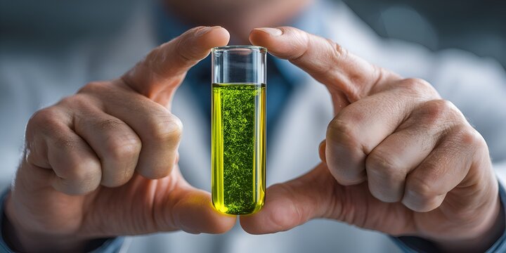 A scientist's hands carefully hold a glass test tube with green liquid and a plant substance du pharmaceutical research and development.