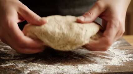 Closeup shot of skilled hands meticulously kneading fresh homemade dough on a floured wooden board preparing it for baking delicious bread or pastries in a warm inviting kitchen setting highlighting .