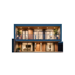 Modern two-story house with balcony at night