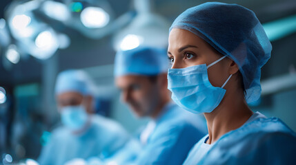Faceless surgeons and operating room nurse preparing for surgical procedure wearing scrubs masks and protective gear in well equipped surgical environment defocused operating