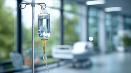 Intravenous drip bag hanging in modern hospital room with empty bed visible in background depicting healthcare treatment environment medical care setting IV therapy equipment