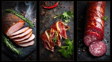 Three types of sliced meats are arranged on a black surface. Herbs and spices are scattered around the meats. The setting has good lighting highlighting the textures and colors.