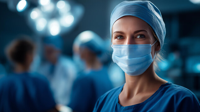 Faceless surgeons and operating room nurse preparing for surgical procedure wearing scrubs masks and protective gear in well equipped surgical environment defocused operating - Powered by Adobe