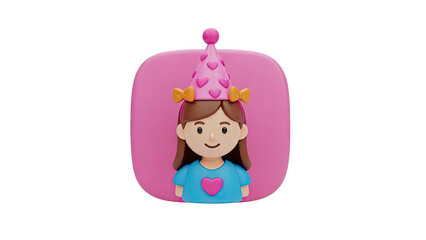 3D Cartoon Girl Wearing a Pink Birthday Hat with Hearts and Bows