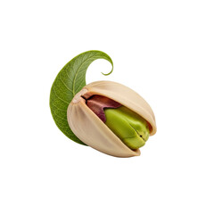 Pistachio nut open with green leaf on Transparent Background