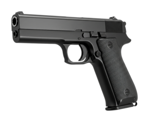 Black semi-automatic handgun, a powerful weapon, is meticulously displayed with its sleek design and textured grip, symbolizing defense and security.
