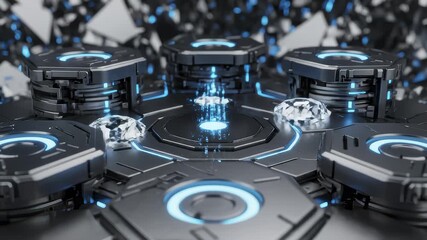 Diamonds Materialize on a Futuristic Display Platform With Blue Accents