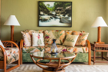 Tropical living room decor creating hawaiian vacation ambiance
