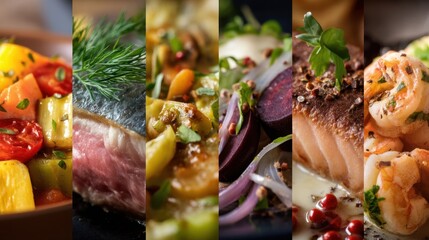 Fresh vegetables and seafood arranged on several plates show a variety of cooking methods. Each dish has unique colors and ingredients. This presentation highlights culinary skills and creativity.