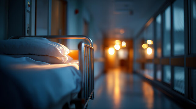 Empty dimly lit hospital corridor featuring solitary bed surrounded by atmospheric lighting creating contemplative medical environment clinical hallway scene healthcare