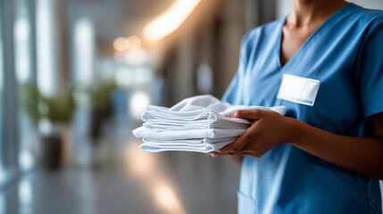 Faceless nurse in blue scrubs folding pristine white towels with care in hospital hallway with polished floors and soft lighting symbolizing quiet labor upholding medical
