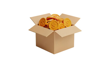 Cardboard box overflowing with gold dollar coins