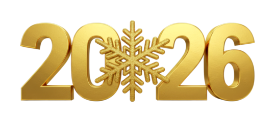 Golden 2026 year numbers featuring a sparkling glitter snowflake, symbolizing winter celebrations, festive seasons, and new beginnings.