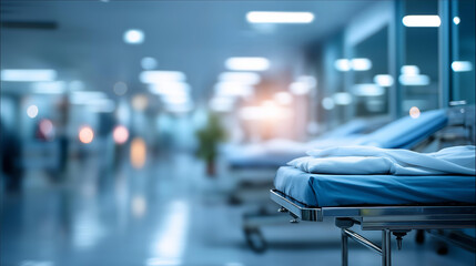 Artistically blurred hospital interior with patient beds and medical equipment in soft light blue color setting defocused healthcare environment abstract clinical atmosphere
