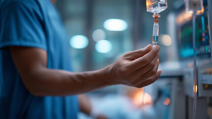Faceless healthcare professional in blue scrubs adjusting intravenous drip beside hospital bed soft sterile lighting highlighting patient care focus on recovery background