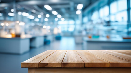 Empty wooden table surface in foreground with blurred modern scientific laboratory background innovation biotech and medical discovery themes defocused research facility